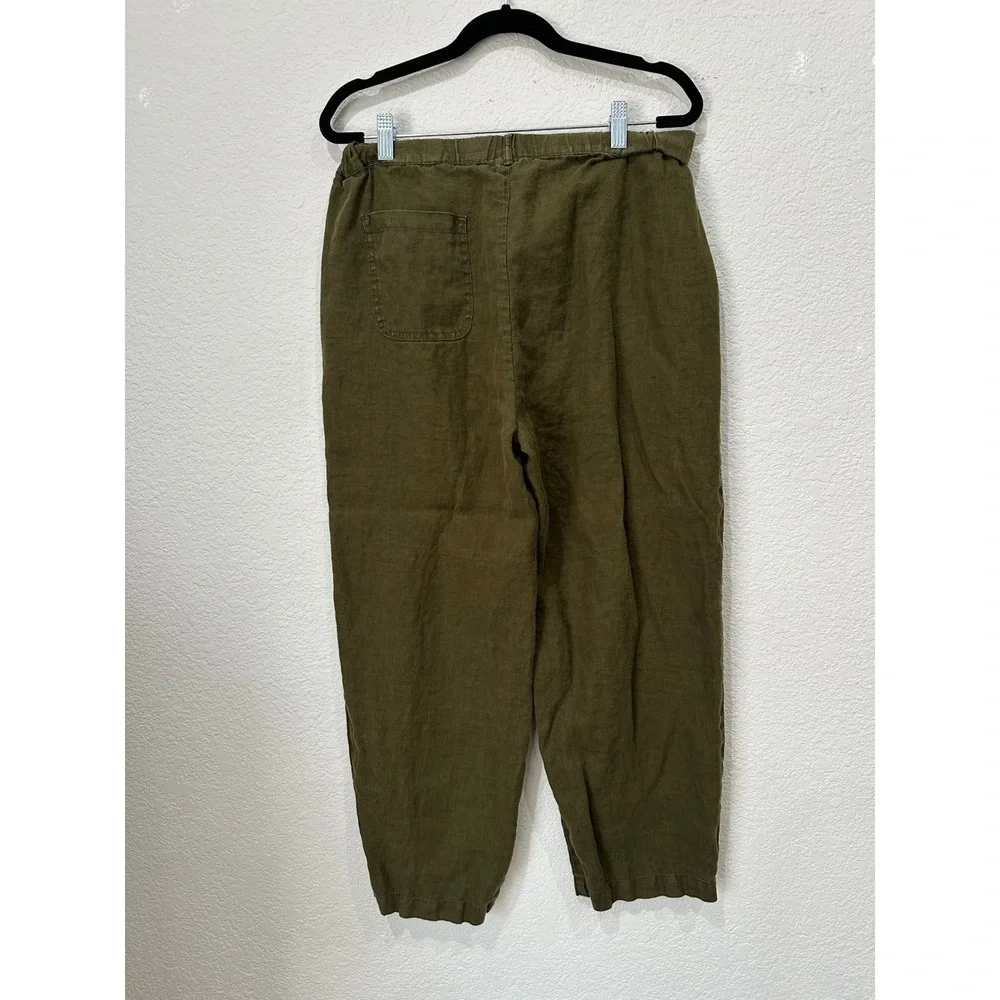 Quince European Linen Pants Olive Green Elastic Waist Tapered Leg Womens Medium